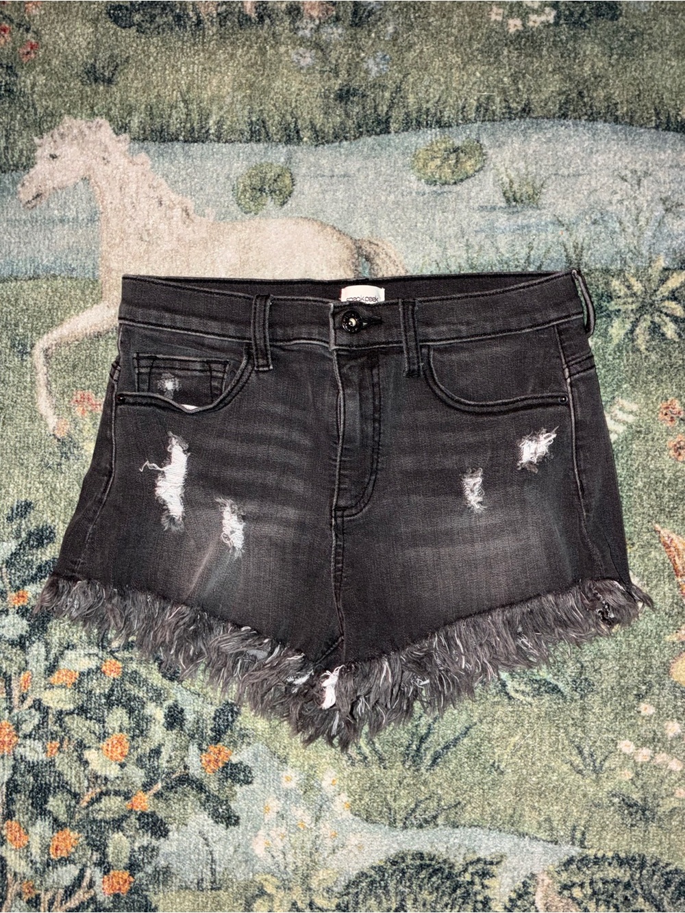 Sneak Peek Women’s High Rise Distressed Black Denim Shorts Frayed Hem Size S